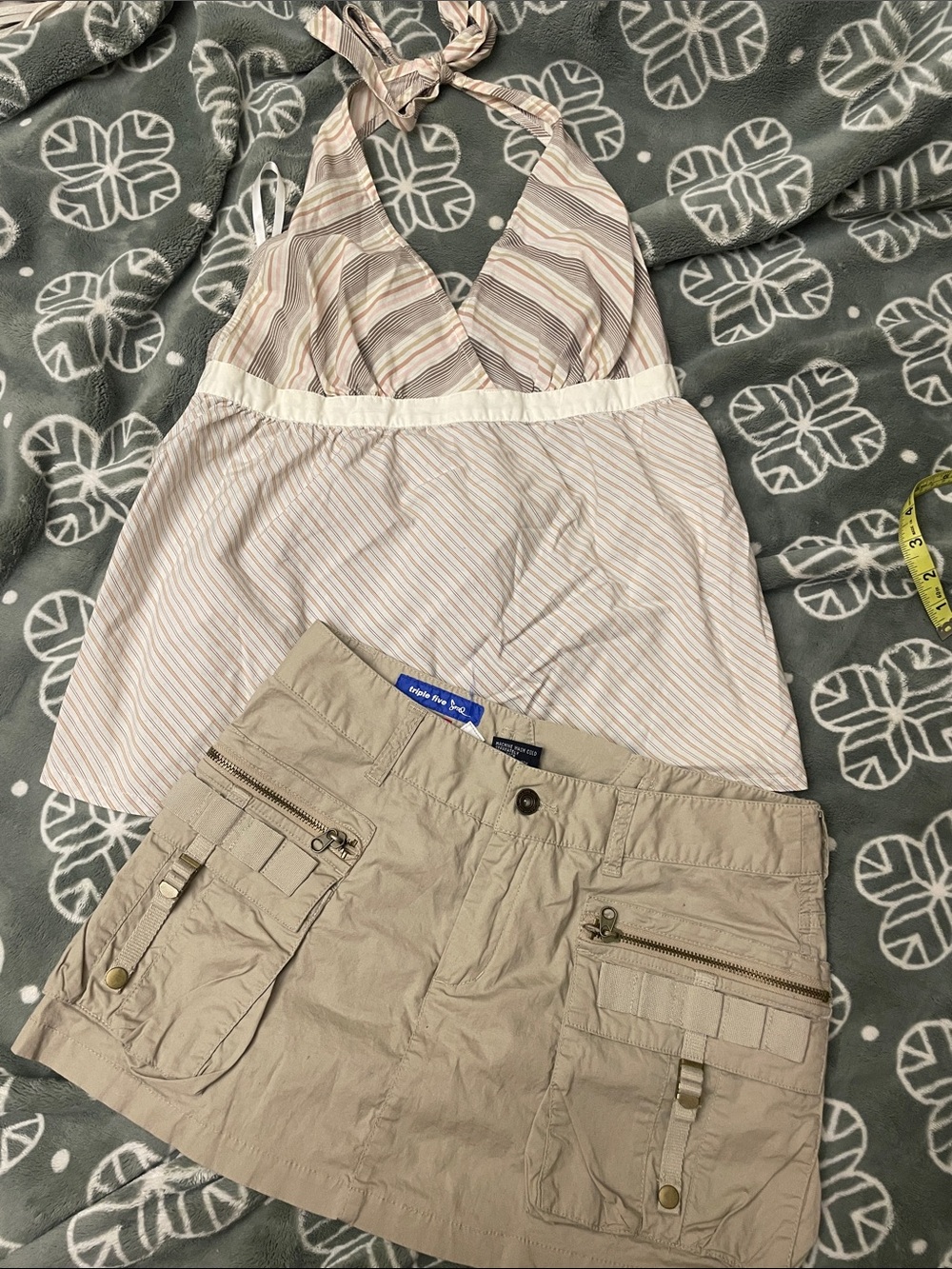 Vintage 2000s Y2K Triple Five Soul Beige Cargo Mini Skirt & Babydoll Top Lot